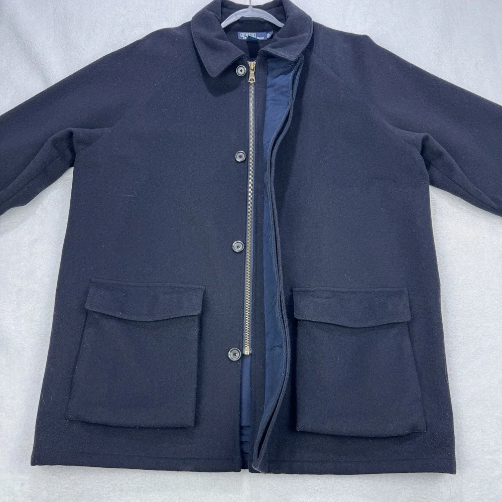 VTG Polo Ralph Lauren Wool Coat Men‎ L Black Pea Coat Full Zip Lined Snap Vent
